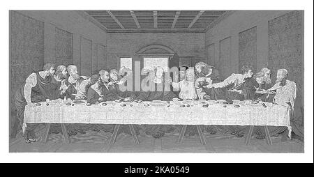 The fresco 'The Last Supper' by Leonardo Da Vinci with Christ between the apostles at a long table. Stock Photo