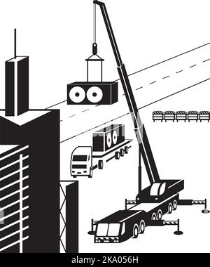 Crane truck lifting air conditioning unit - vector illustration Stock Vector