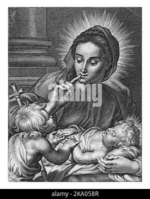 Mary sits with the sleeping Christ Child on her lap and gestures with her index finger to her pursed lips for John the Baptist to be quiet. Below the Stock Photo