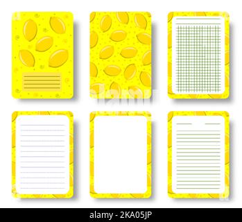 Lemon fruits notebook cover and pages set. Citrus pattern with copy space lined sheet template for annual notepad, brochure, copybook, diary. Healthy food fresh print for magazine, booklet, journal Stock Vector