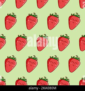 Seamless pattern with cute colorful Strawberries on green background. Stock Vector