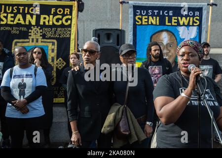 London, UK. 29th October, 2022. Janet Alder, sister of Christopher Alder, speaks in Trafalgar Square before the annual procession to Downing Street by the United Families & Friends Campaign (UFFC) in remembrance of their family members and friends who died in police custody, in prison, in immigration detention or in secure psychiatric hospitals. Christopher Alder, 37, died handcuffed and face down surrounded by police officers in a Hull police station in April 1998 after choking on his own vomit. There have been 1,838 deaths in police custody or otherwise following contact with the police in E Stock Photo