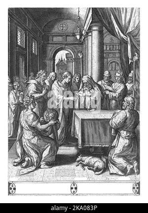 Presentation of Christ in the Temple, Hans Collaert (I), after Crispijn van den Broeck, 1576 Simeon in the Temple. He has the Christ Child in his arms Stock Photo