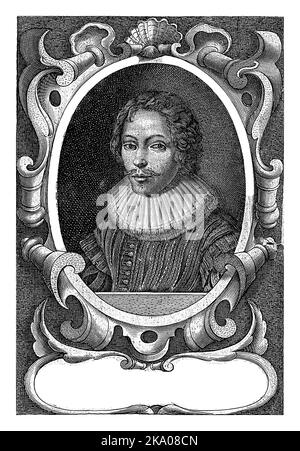 Portrait of Willem in an ornamented oval with edge lettering. In a cartouche three lines of Latin text. Stock Photo
