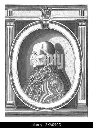 Portrait of Pope Adrian VI wearing the papal robes. Bust and profile to the left in an oval frame with edge lettering. Stock Photo