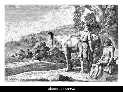 Mercury points to the cow Io and looks at Argus, who is sitting on a stone block. Scene from Ovid's Metamorphoses (Met. I, 679-688). Stock Photo