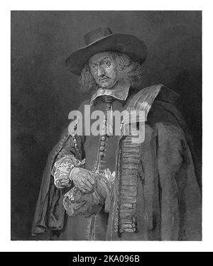 Portrait of Jan Six, Johann Wilhelm Kaiser (I), after Rembrandt van Rijn, 1823 - 1900 Half-length portrait of Jan Six, mayor of Amsterdam. Stock Photo