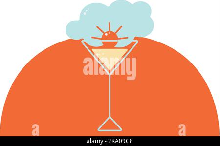 Stylized image of a glass with an abstract cloud and sun on an orange circle background. Sticker. Icon. Isolate. Logo. Good for services and businesses, cafes, bars and restaurants. Vector. EPS Stock Vector