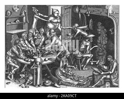 Skinny kitchen, anonymous, after Pieter van der Heyden, after Pieter Bruegel (I), 1615 - 1676 A kitchen interior with skinny people eating mussels at Stock Photo