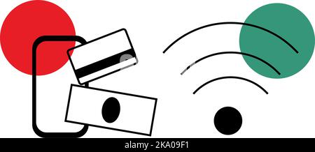 Set of two items such as icons of wi-fi and phone with an abstract image of money and a payment card. Sticker. Isolate. Good for services and businesses, cafes, bars and restaurants. Vector. EPS Stock Vector
