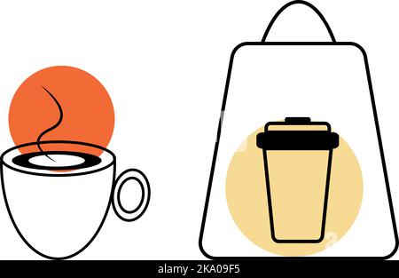 A set of two elements such as a cup and a takeaway glass on a background of colored spots. Sticker. Icon. Pointer. Isolate. Good for services and businesses, cafes, bars and restaurants. Vector. EPS Stock Vector