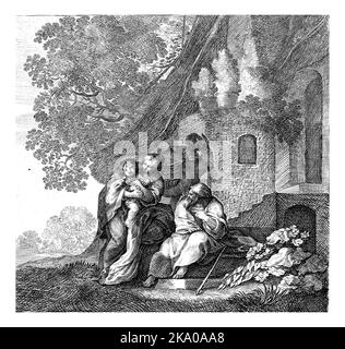 Mary stands in front of a thatched house with the Christ Child on her arm. Next to her, Joseph is sitting on a stone staircase. Stock Photo