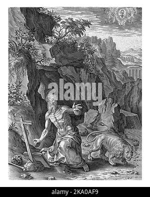 Saint Jerome kneels before a crucifix in the wilderness. He holds a stone in his hand. Behind him the lion. Stock Photo