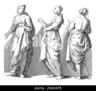 Three dressed women: seen from the back, side view and front view. Copy after a representation from the drawing book of Abraham Bloemaert, in the edit Stock Photo