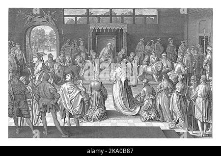 Solomon receives the Queen of Sheba, Nicolaes de Bruyn, 1621. The Queen of Sheba kneels before King Solomon in his throne room. Six lions on either si Stock Photo