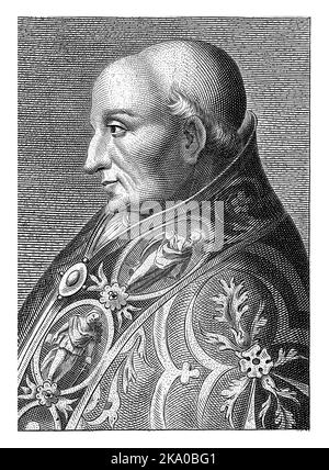 Portrait bust of Pope Adrian VI wearing a richly decorated cloak. Below the performance a verse of eight lines in Dutch. Stock Photo