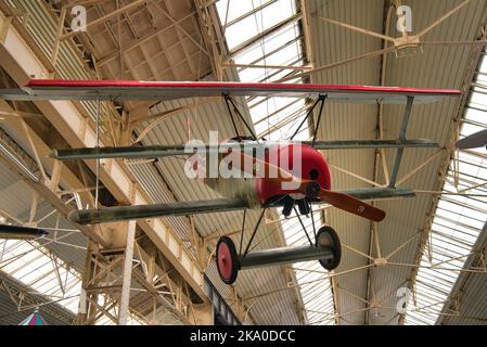 SPEYER, GERMANY - OCTOBER 2022: green red 152 17 German Air Force Fokker DR-1 Triplane military aircraft WW1 1917 in the Technikmuseum Speyer. Stock Photo