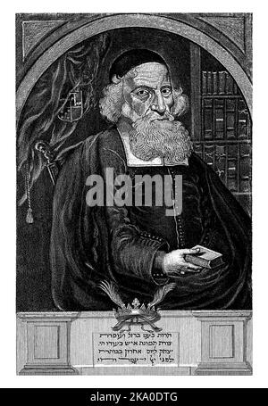 Rabbi Isaac Aboab da Fonseca at the age of 84. He is sitting in a chair and has a book in hand. Stock Photo