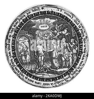 Print of a medallion. Depiction of the marriage between Christ and the Church (Ecclesia). Above their heads the dove of the Holy Spirit and the tetrag Stock Photo