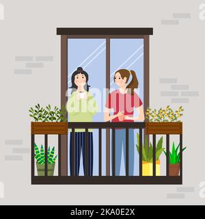 Two girls are talking on the balcony. Flowers in pots and seedlings in boxes. Meeting friends on a good day. Vector illustration. For use in brochures Stock Vector