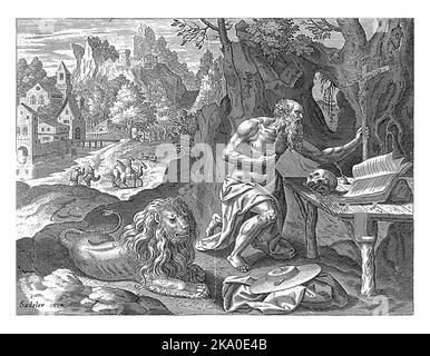 St. Jerome as a hermit in the wilderness. He is kneeling in prayer before a table with a bible and a crucifix. Next to him the lion. On the floor next Stock Photo