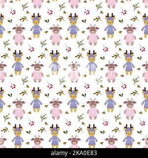 Pattern with cute deer and forest plants. Stylized animals. For baby products, prints and clothes, brochures, packaging, flyers, fun gender parties.Ve Stock Vector