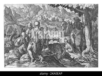 In the foreground some hunters with their loot. In the background two mountain goats are attacked by a pack of hunting dogs. Stock Photo