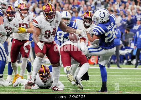 Indianapolis, Indiana, USA. 30th Oct, 2022. Indianapolis Colts running back Jonathan Taylor (28) fumbles the ball after being hit on a run during the game between the Washington Commanders and the Indianapolis Colts at Lucas Oil Stadium, Indianapolis, Indiana. (Credit Image: © Scott Stuart/ZUMA Press Wire) Credit: ZUMA Press, Inc./Alamy Live News Stock Photo