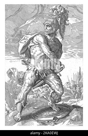 The hero Titus Manlius Torquatus full-length as he unsheathed his sword. In the background you can see how he defeats a Gaul on a bridge. Stock Photo