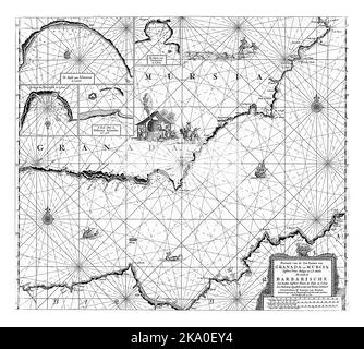 Nautical chart of the Mediterranean coast of Spain and Morocco, with four inset maps, and with three compass roses. In the center a few figures near a Stock Photo