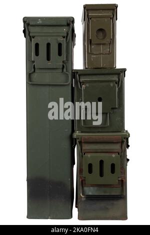 Stack of ammo cans isolated on white background Stock Photo