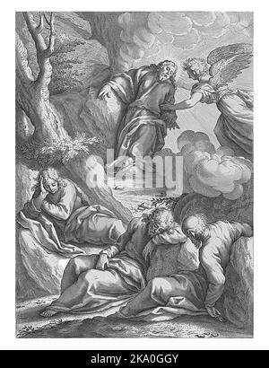 Christ in the Garden of Gethsemane. Three sleeping apostles in the foreground. Behind it Christ who is supported by an angel. Stock Photo