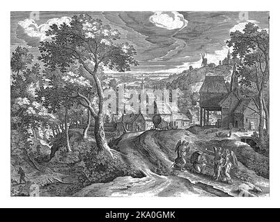 A landscape with a village in the background. In the foreground, Abraham kneels before the three angels and welcomes them. Stock Photo