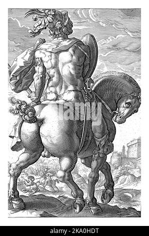 The hero Titus Manlius on horseback, seen from the back. Stock Photo