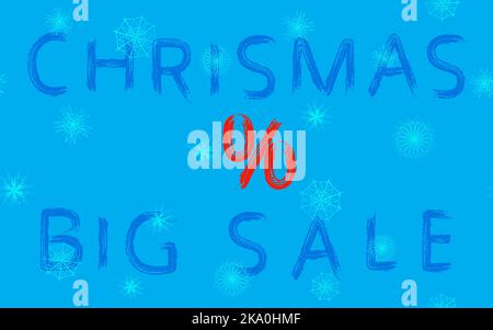 Christmas big sale lettering with brush on blue background with snowflakes, vector image Stock Vector