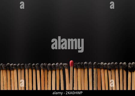 A new match among burnt matches on dark background. Individuality and Difference Concept Stock Photo