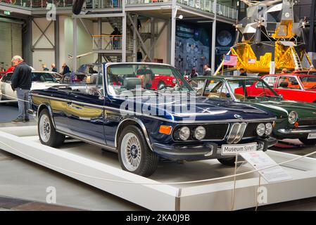 SPEYER, GERMANY - OCTOBER 2022: blue BMW E9 2800 CS 1968 retro car in the Technikmuseum Speyer.