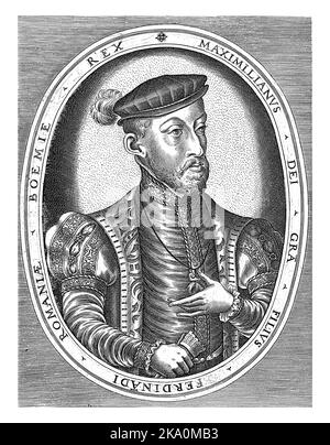Portrait of Maximilian II, German Emperor, half-length to the right with a pair of gloves in his right hand, in an oval frame with edge lettering in L Stock Photo