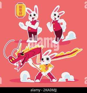 character bunny with dragon lion and lanterns in flat design, Letters �����  means "Happy Lunar New Year" Stock Vector