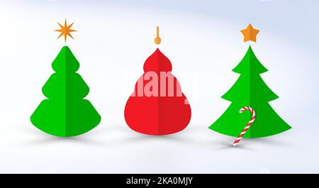 Three paper cut Christmas trees of different designs. Candy cane. Merry Christmas and happy New Year 2023 background. Christmas greeting card template Stock Vector