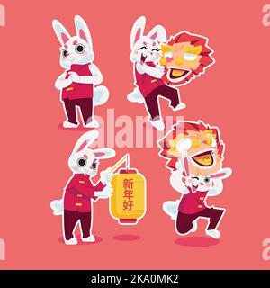 Chinese new year Rabbit character lion dance and lanterns in flat design, Letters �����  means "Happy Lunar New Year" Stock Vector