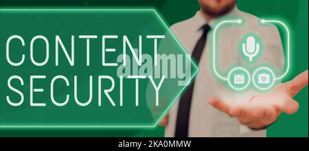 Writing displaying text Content Security. Conceptual photo the planning development and management of content Businessman With Hand Showing A Mic Stock Photo