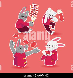 Welcoming Chinese New Year by lighting fireworks and firecrackers and eating moon cakes in flat design Stock Vector