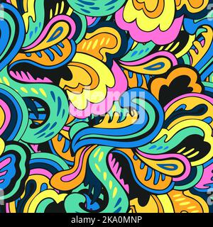 Colorful seamless pattern with crazy psychedelic organic abstract elements, print with plant and mushrooms motifs  Stock Vector