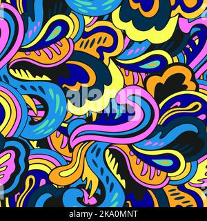 Colorful seamless pattern with crazy psychedelic organic abstract elements, print with plant and mushrooms motifs  Stock Vector