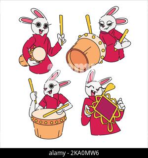 Chinese new year rabbit beating drums and holding wall decoration in flat design suitable for greetings and printing Stock Vector