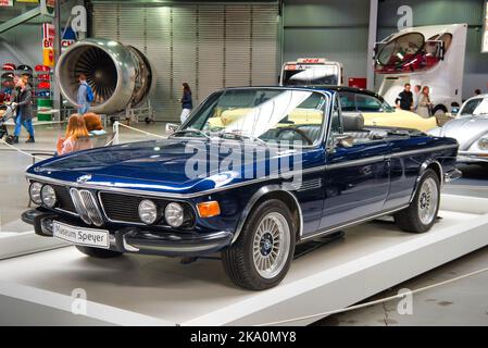 SPEYER, GERMANY - OCTOBER 2022: blue BMW E9 2800 CS 1968 retro car in the Technikmuseum Speyer. Stock Photo