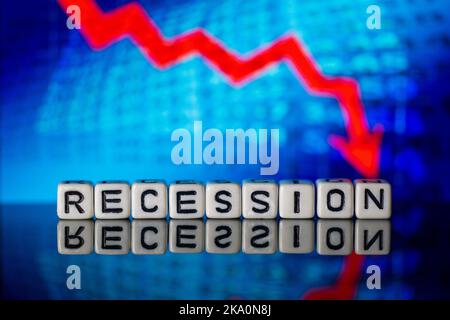 Recession Concept Dice Letters Sign Red Graph Arrow Blue Background Stock Photo