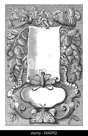 Title page for Johannes Goedaerts, Metamorphosis Naturalis, 1667, Johannes Goedaert, 1667 The title of the book is centered on a banderole. Stock Photo