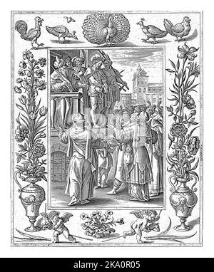Christ shown to the people, Antonie Wierix (II), after Maerten de Vos, 1582 - 1586 Pontius Pilate shows the scourged Christ to the Jewish people. The Stock Photo